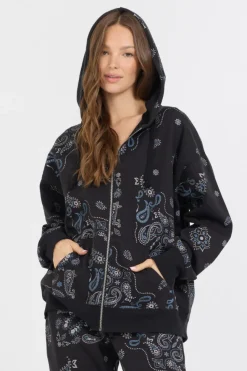 Hot Black Bandana Printed Fleece Oversized Zip Up All Tops|Sweatshirts