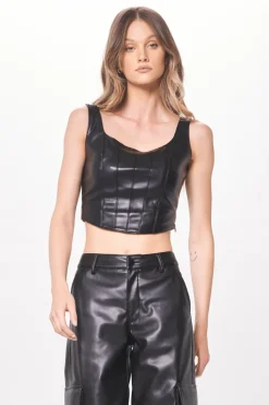 Cheap Black Faux Leather Corset All Tops