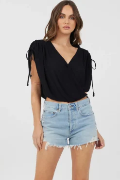 Store Black Rayon Crinkle Surplice Top All Tops