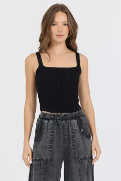Fashion Black Rib Knit Corset Top All Tops