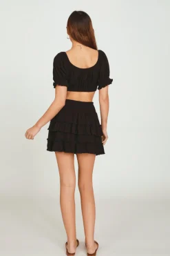 Discount Black Rib Knit Tie Front Balloon Sleeve Crop Top All Tops