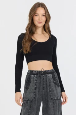 Cheap Black Seamless Long Sleeve V Neck All Tops