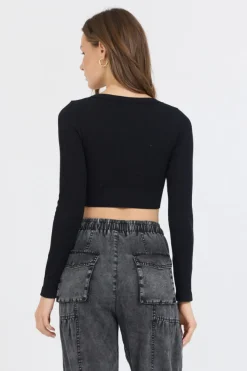 Cheap Black Seamless Long Sleeve V Neck All Tops