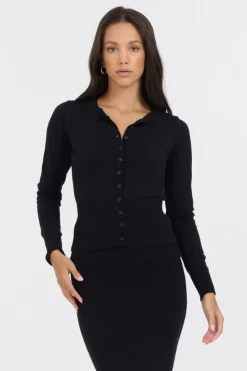New Black Slim Fit Knit Button Down All Tops
