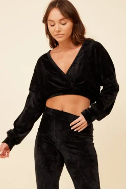 Hot Black Velour Surplice Hoodie All Tops|Hoodies