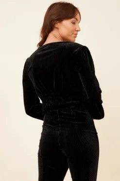 Cheap Black Velvet Cord Ruched Top All Tops