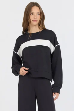 Fashion Black/ White Colorblock Cloud Fleece Crew All Tops