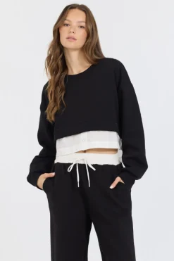 Sale Black/ White Essential Fleece Crewneck W/ Poplin Insert All Tops
