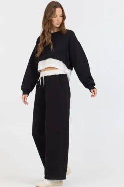 Sale Black/ White Essential Fleece Crewneck W/ Poplin Insert All Tops