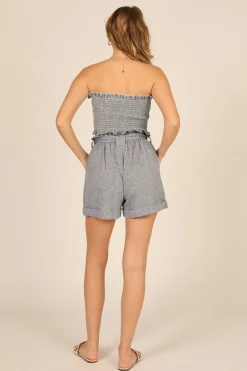 Cheap Captain Blue Stripe Linen Blend Smocked Bandeau All Tops