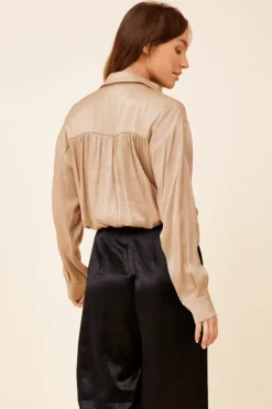 Online Champagne Satin Wrap Tie Button Down Top All Tops