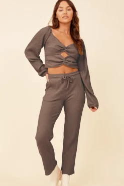 Hot Chestnut Double Twist Ribbed Long Sleeve Top All Tops