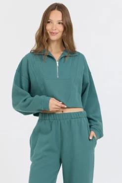 Best Sale College Green Cotton Blend Fleece Quarter Zip Rib Neck All Tops