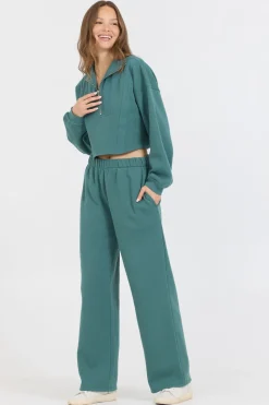 Best Sale College Green Cotton Blend Fleece Quarter Zip Rib Neck All Tops
