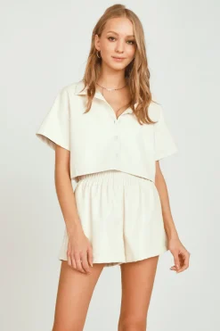 Discount Cream Faux Leather Camp Shirt All Tops