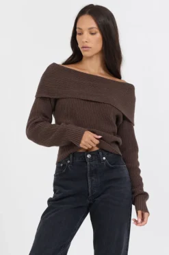 Cheap Espresso Off ShoulderBack Zip Sweater All Tops|Sweaters