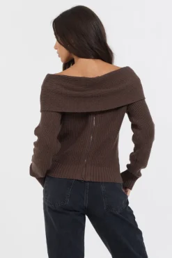Cheap Espresso Off ShoulderBack Zip Sweater All Tops|Sweaters