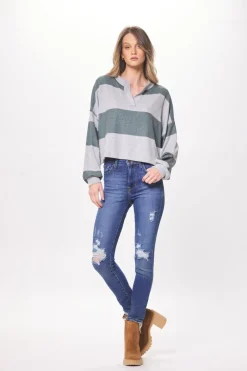 Cheap Heather Grey & Hunter Green Striped Rugby Long Sleeve Top All Tops