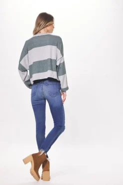 Cheap Heather Grey & Hunter Green Striped Rugby Long Sleeve Top All Tops