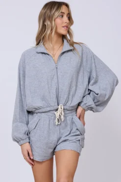 Online Heather Grey Bounded Textured Jersey Zip Up W/ Tie All Tops