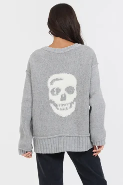Discount Heather Grey W/ Ivory Jacquard Knit Skull Sweater All Tops|Sweaters