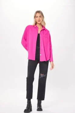 Cheap Hot Pink Poplin Button Up Shirting All Tops