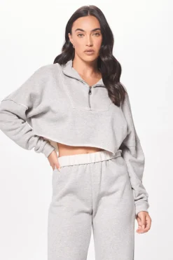 Sale Hunter Grey Fleece Quarter Zip W/ Raw Edge All Tops
