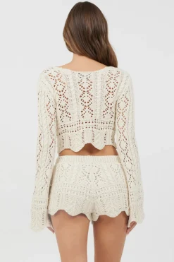 Online Ivory Crochet Knit Long Sleeve Crop All Tops