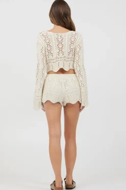 Online Ivory Crochet Knit Long Sleeve Crop All Tops