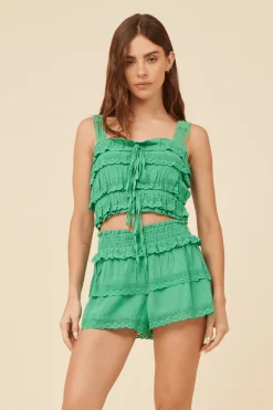 Store Kelly Green Lacey Trim Layered Tank All Tops|Tanks