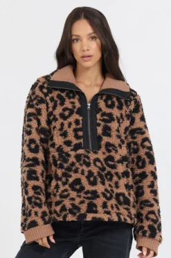 Fashion Leopard Print Sherpa Quarter Zip All Tops|Sweatshirts