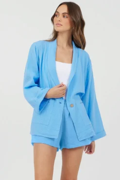 Fashion Ocean Blue Washed Gauze Blazer All Tops
