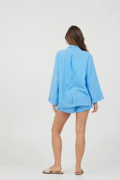 Fashion Ocean Blue Washed Gauze Blazer All Tops