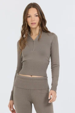 Hot Olive Grey Slim Fit Knit Quarter Zip All Tops|Sweaters