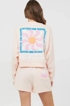 Fashion Peach Parfait W/ Multi Puff Print Surf Wash Crewneck All Tops|Hoodies