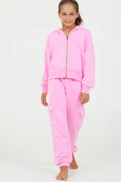 Cheap Pink Solid Crop Zip Hoodie Hoodies