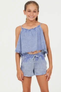 Fashion Plush Blue Washed Texture Flow Tank Kids Kids Tops