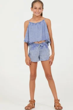 Fashion Plush Blue Washed Texture Flow Tank Kids Kids Tops