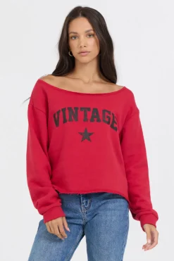 Cheap Red Off Shoulder Graphic Top All Tops