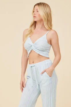 Best Sale Soft Blue W/ Mixed Stripes Textured Cropped Tank All Tops|Tanks