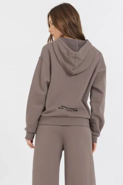 Clearance Taupe Grey Fleece Hood Flocking Detail All Tops|Hoodies