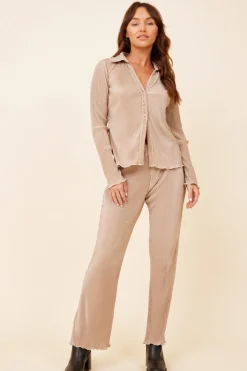 Discount Taupe Lettuce Edge Button Down All Tops