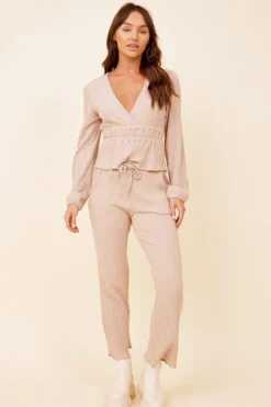 Cheap Taupe Surplice Ribbed Long Sleeve Top All Tops