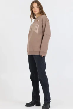 Best Sale Taupe W/ Rose Gold Garment Dye Fleece Crew W/ Glitter Print All Tops|Sweatshirts
