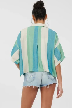 Best Sale Teal Green & Metallic Stripe Lightweight Button Up All Tops