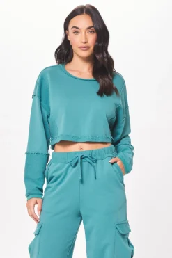 Best Sale Teal Green Terry Cargo Fleece Crewneck All Tops|Hoodies