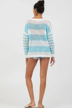 Shop Tropical Turquoise Striped Netted Crewneck All Tops|Sweatshirts