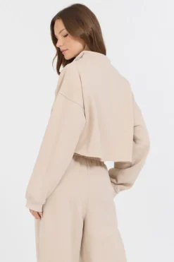 Sale Vanilla Cream Cotton Blend Fleece Quarter Zip Rib Neck All Tops