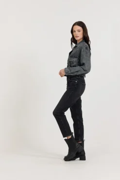 Hot Washed Black Cropped Pocket Detail Shirt All Tops