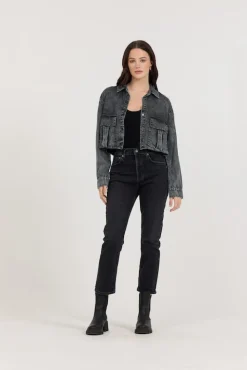 Hot Washed Black Cropped Pocket Detail Shirt All Tops